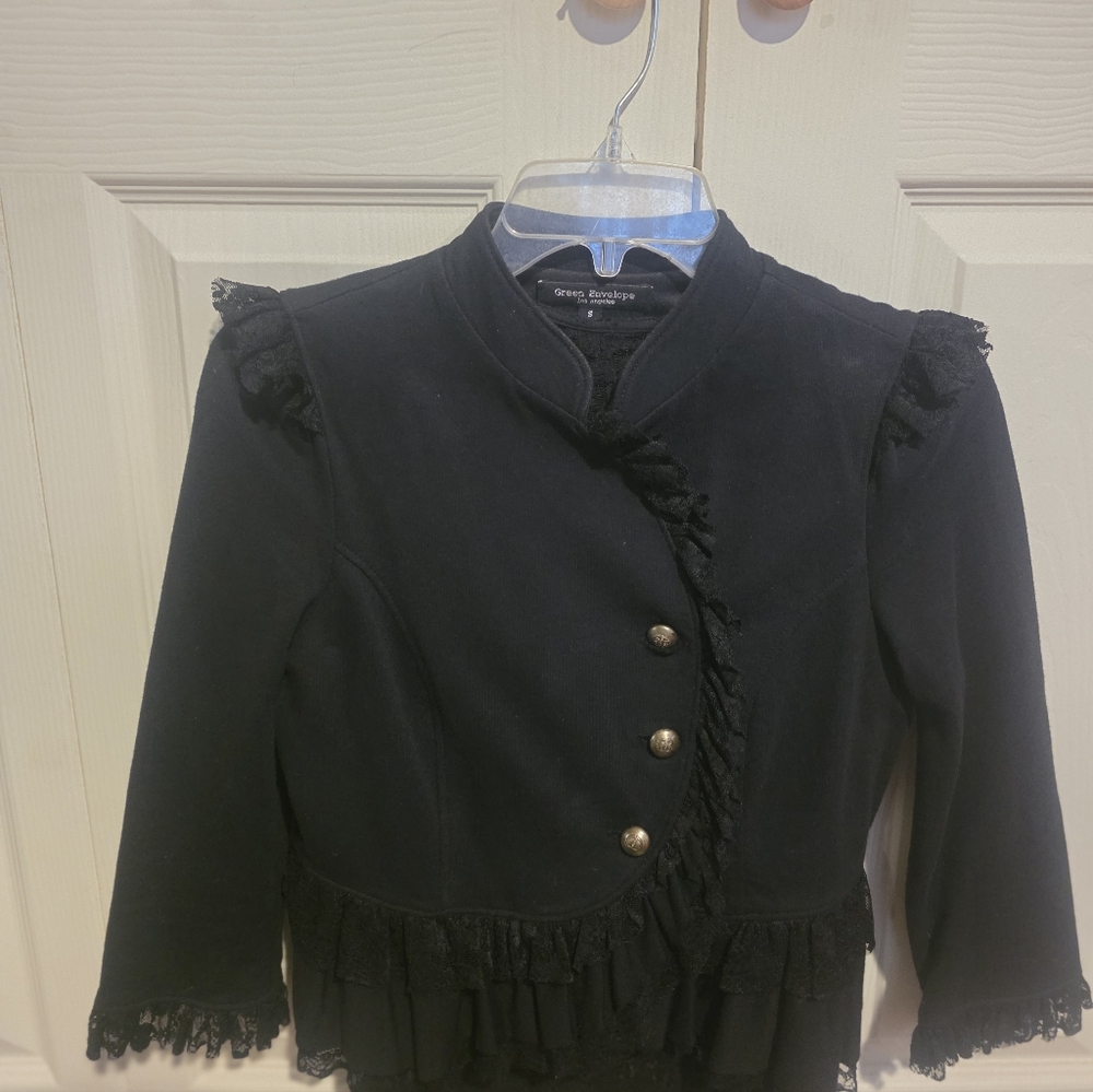 Cropped Military Style Jacket Black Lace Detail With Lace See Through .GUC